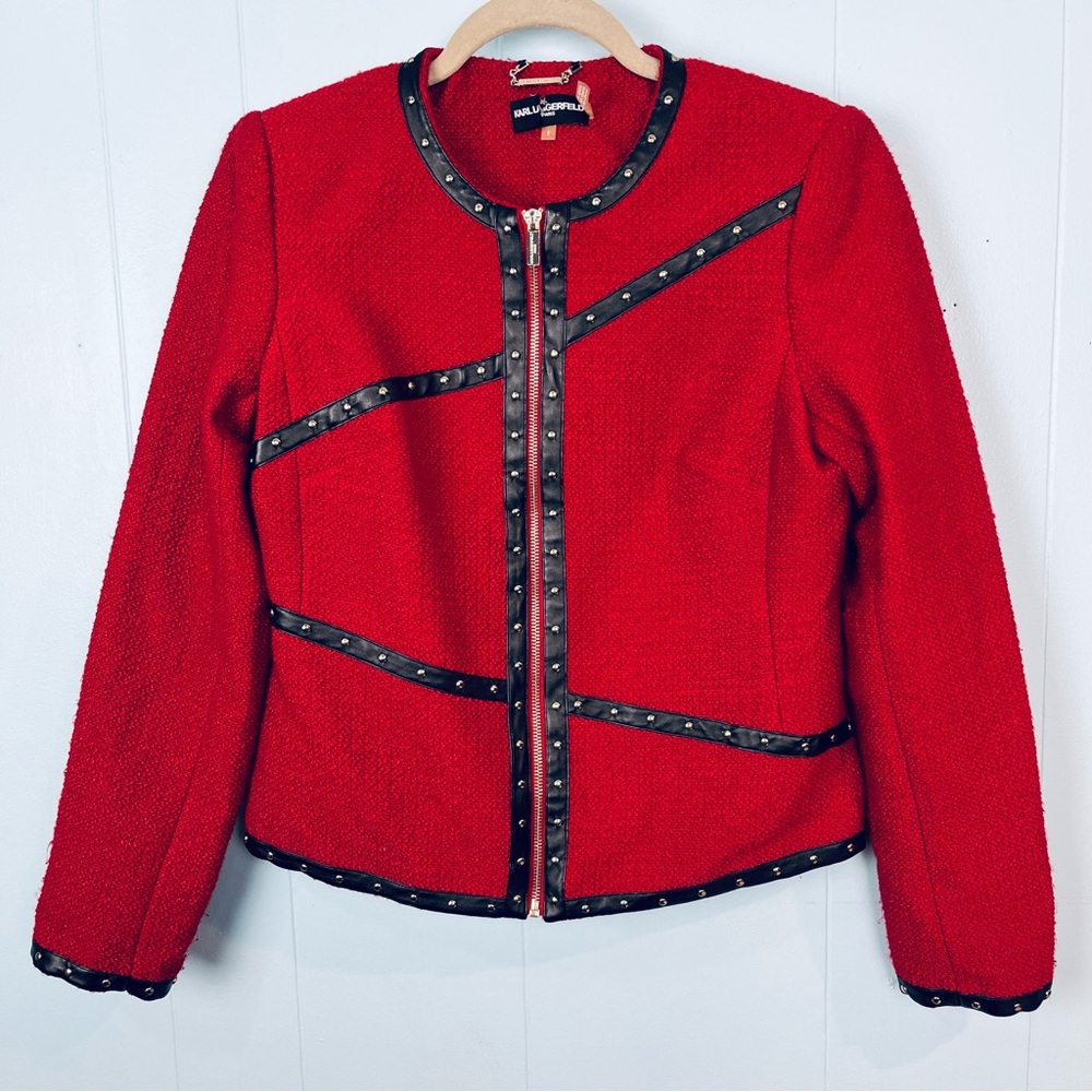 Karl Lagerfeld Blazer Tweed Jacket Sz 6 Red Full Zip Faux Leather Studded Lined